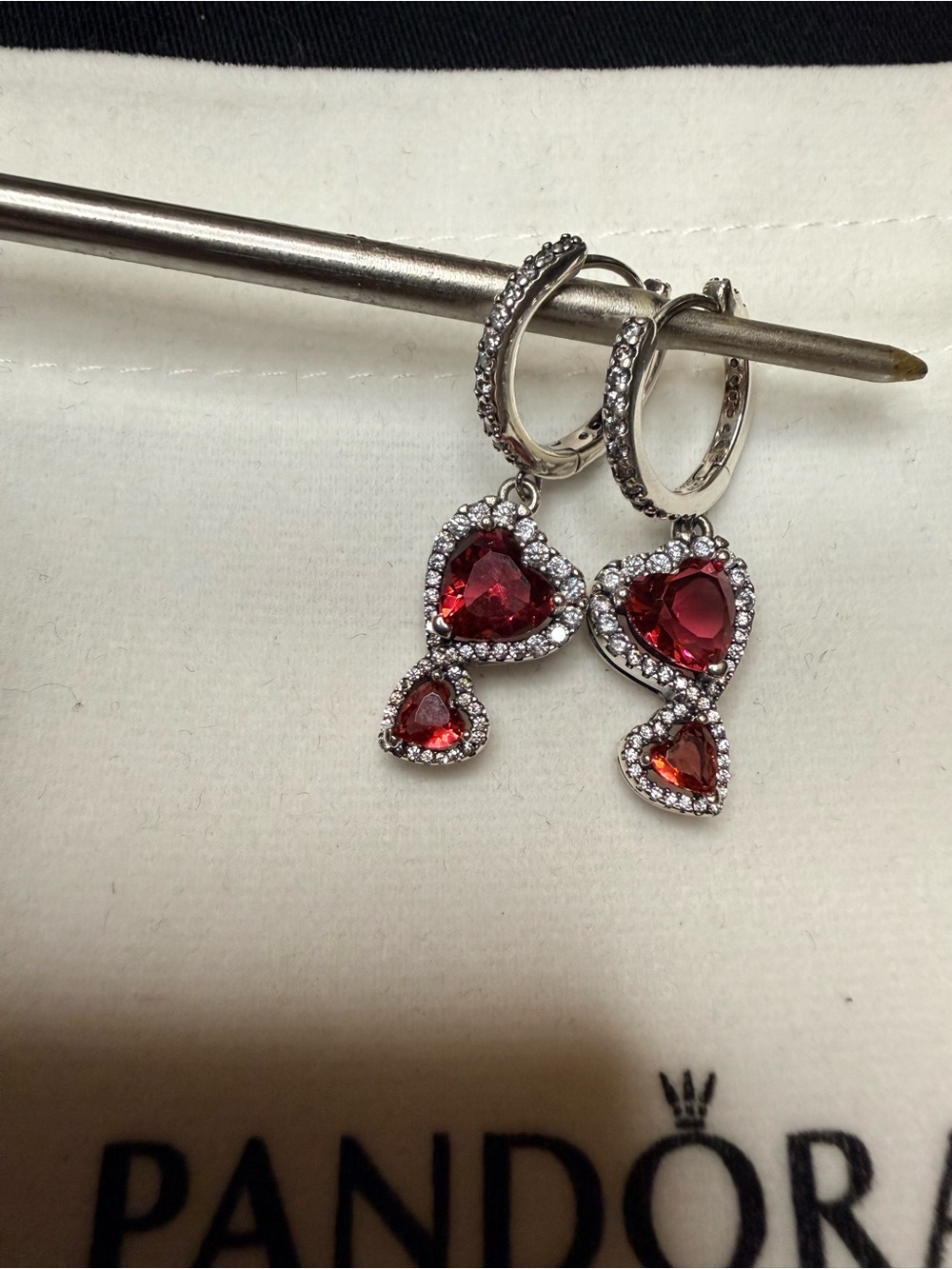 Pandora Halo Heart Dangle Hoop Earrings with Red Stones